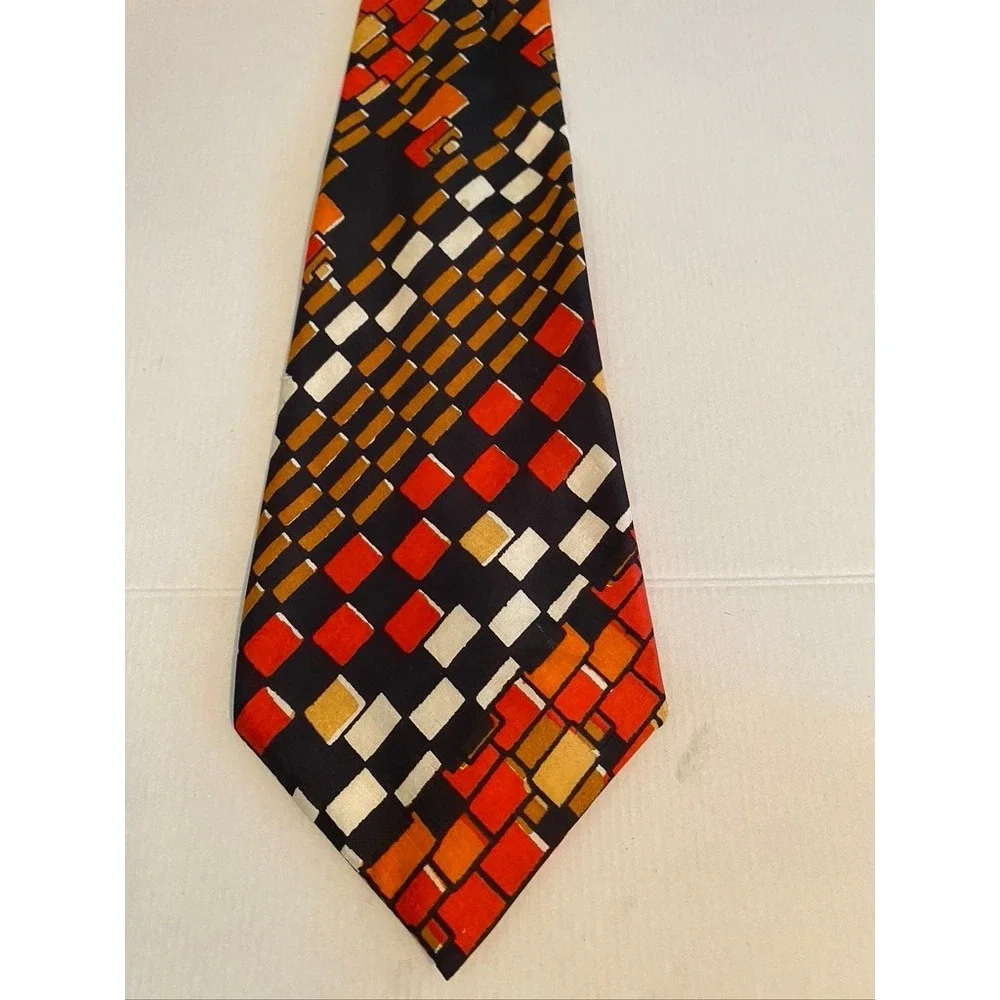 Handloom Pure Silk Tie Mens Geometric Block Pattern Red Orange Black India Made